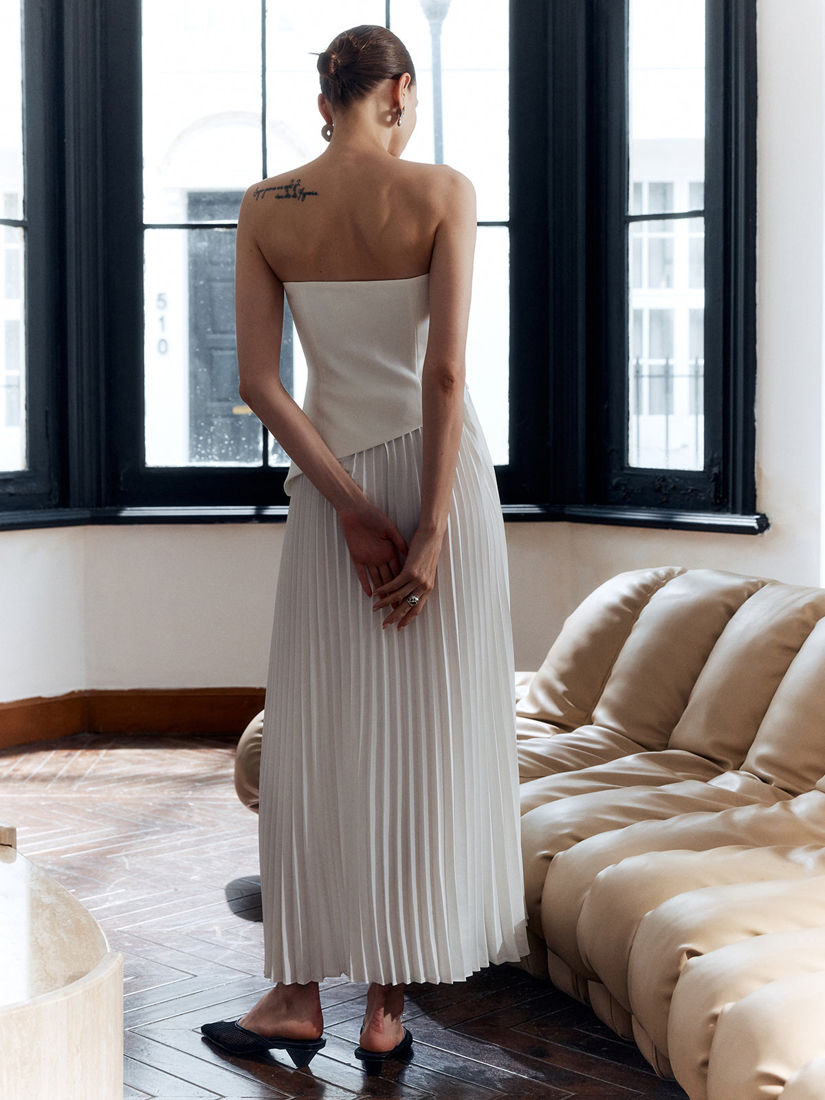 Solid Pleated Strapless Split Dress Solid Pleated Strapless Split Dress
