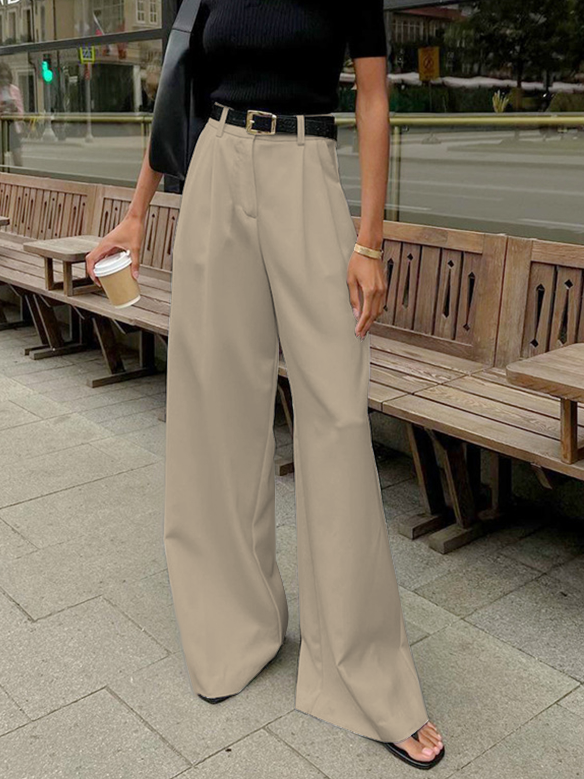Solid Wide Leg Pants Without Belt Solid Wide Leg Pants Without Belt
