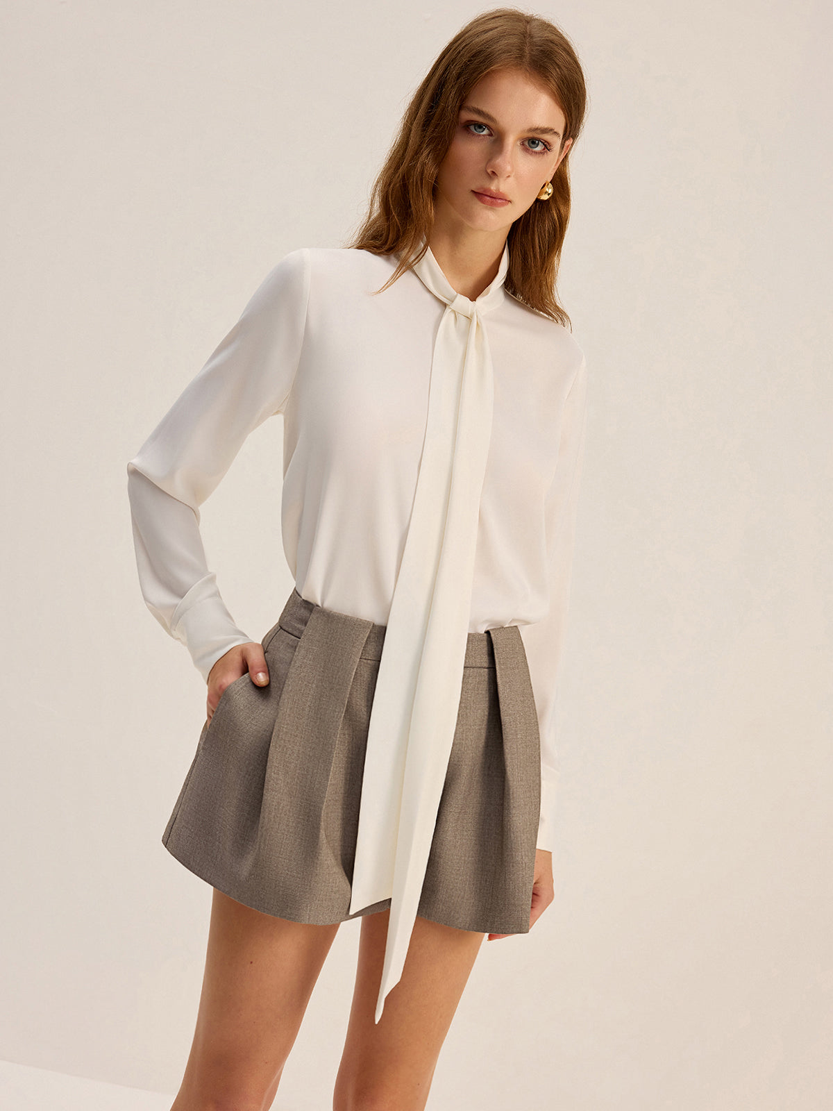 Satin Bow-Tie Neck Long-Sleeve Shirt Satin Bow-Tie Neck Long-Sleeve Shirt