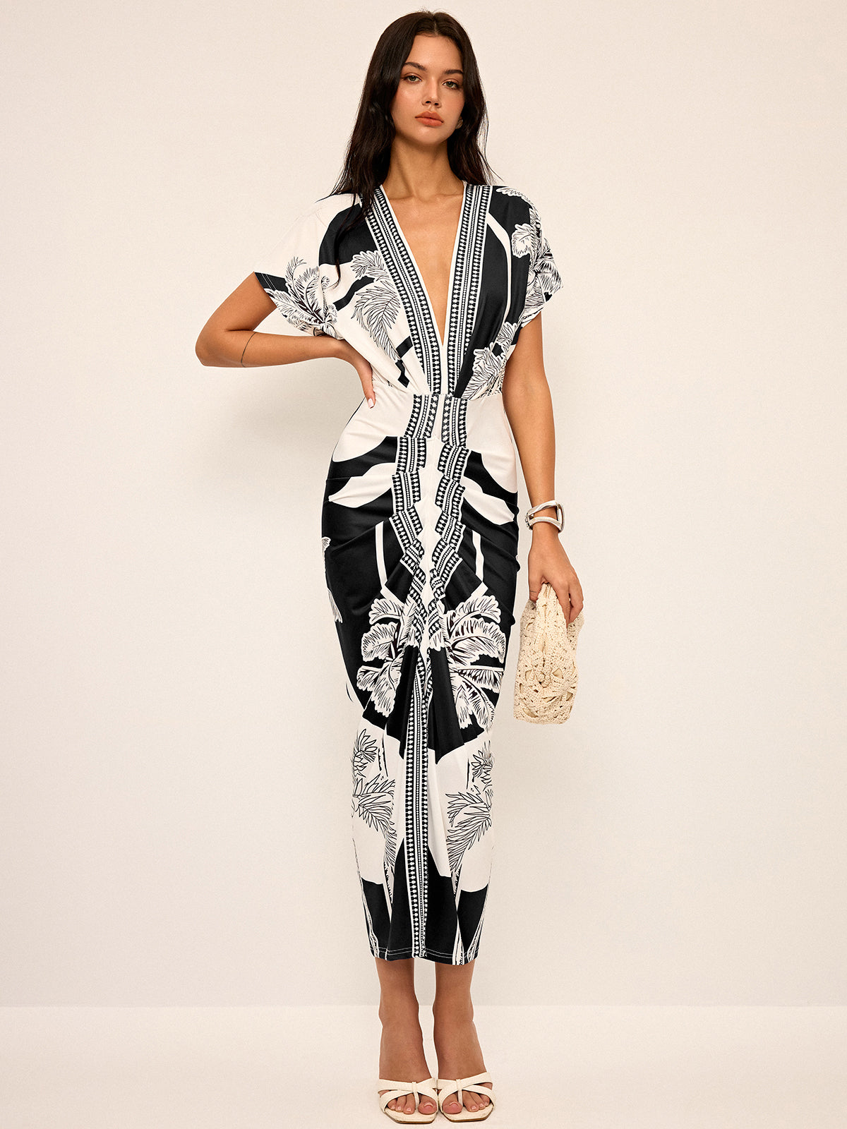 Printed Deep V-Neck Midi Dress Without Belt Printed Deep V-Neck Midi Dress Without Belt