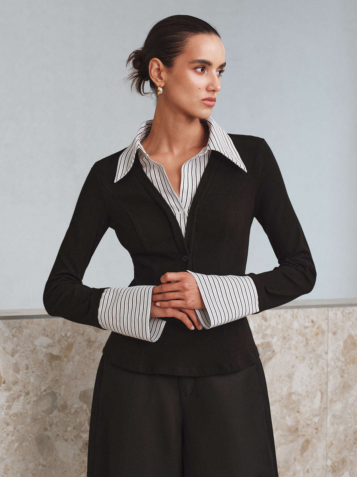 Mock Two-Piece Long-Sleeve Two Tone Polo Top Mock Two-Piece Long-Sleeve Two Tone Polo Top