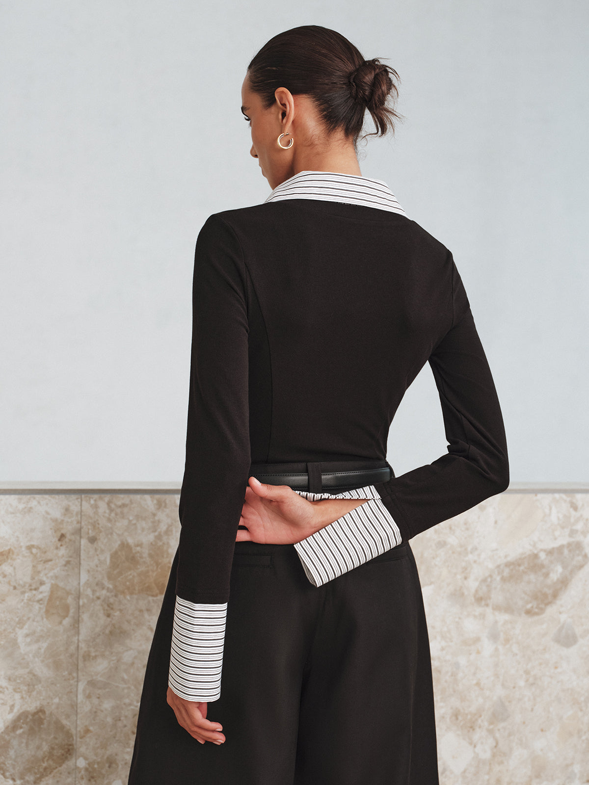 Mock Two-Piece Long-Sleeve Two Tone Polo Top Mock Two-Piece Long-Sleeve Two Tone Polo Top