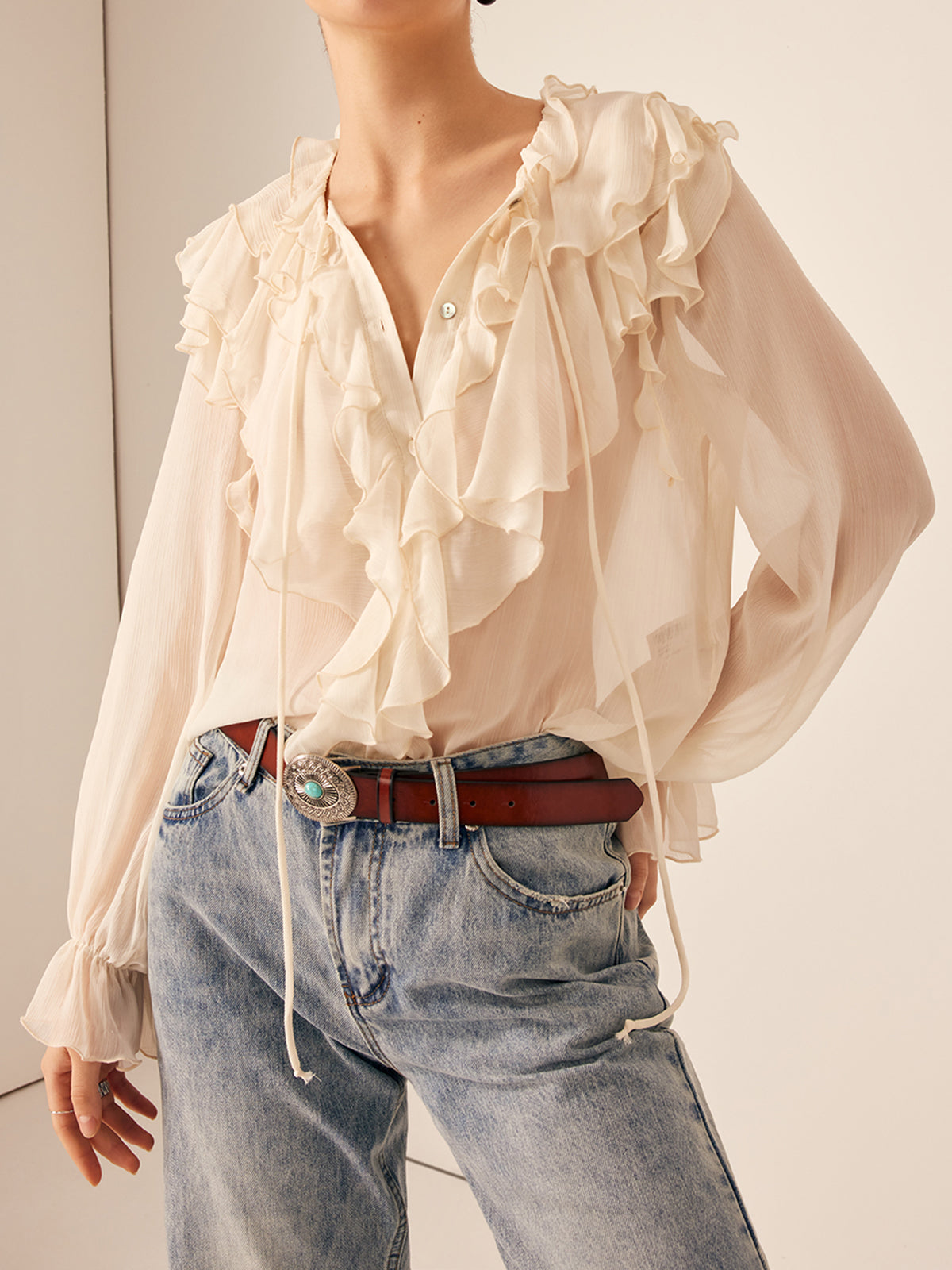 Semi-Sheer Ruffle Chiffon Breasted Blouse Semi-Sheer Ruffle Chiffon Breasted Blouse