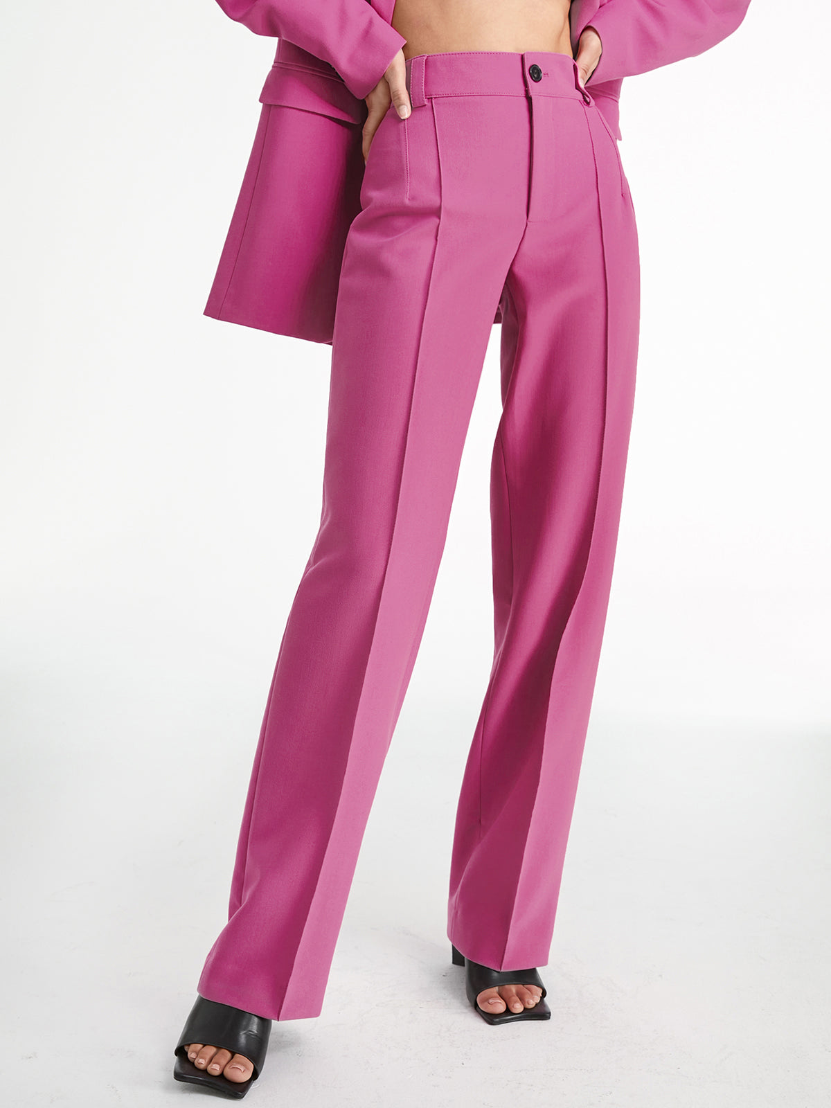 High Waisted Pleat Front Solid Colored Straight Leg Trousers High Waisted Pleat Front Solid Colored Straight Leg Trousers