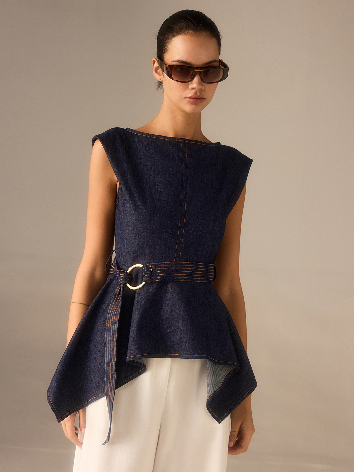 Denim Peplum Belted Top with Asymmetric Hem Denim Peplum Belted Top with Asymmetric Hem