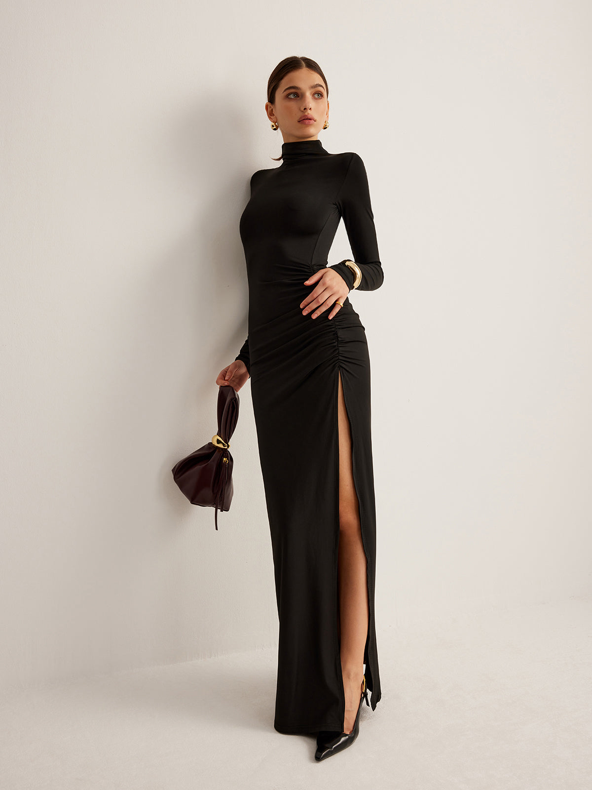 Stand-Collar Pleated Slit Jersey Dress Stand-Collar Pleated Slit Jersey Dress