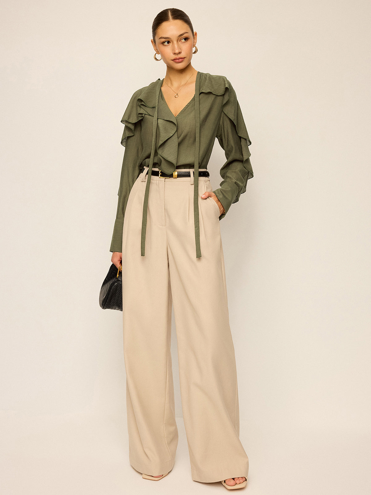 Neckline Tie Ruffled Blouse Neckline Tie Ruffled Blouse
