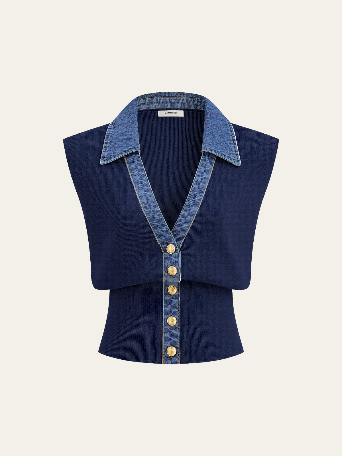 Denim Trim Metal Button Knit Vest Denim Trim Metal Button Knit Vest