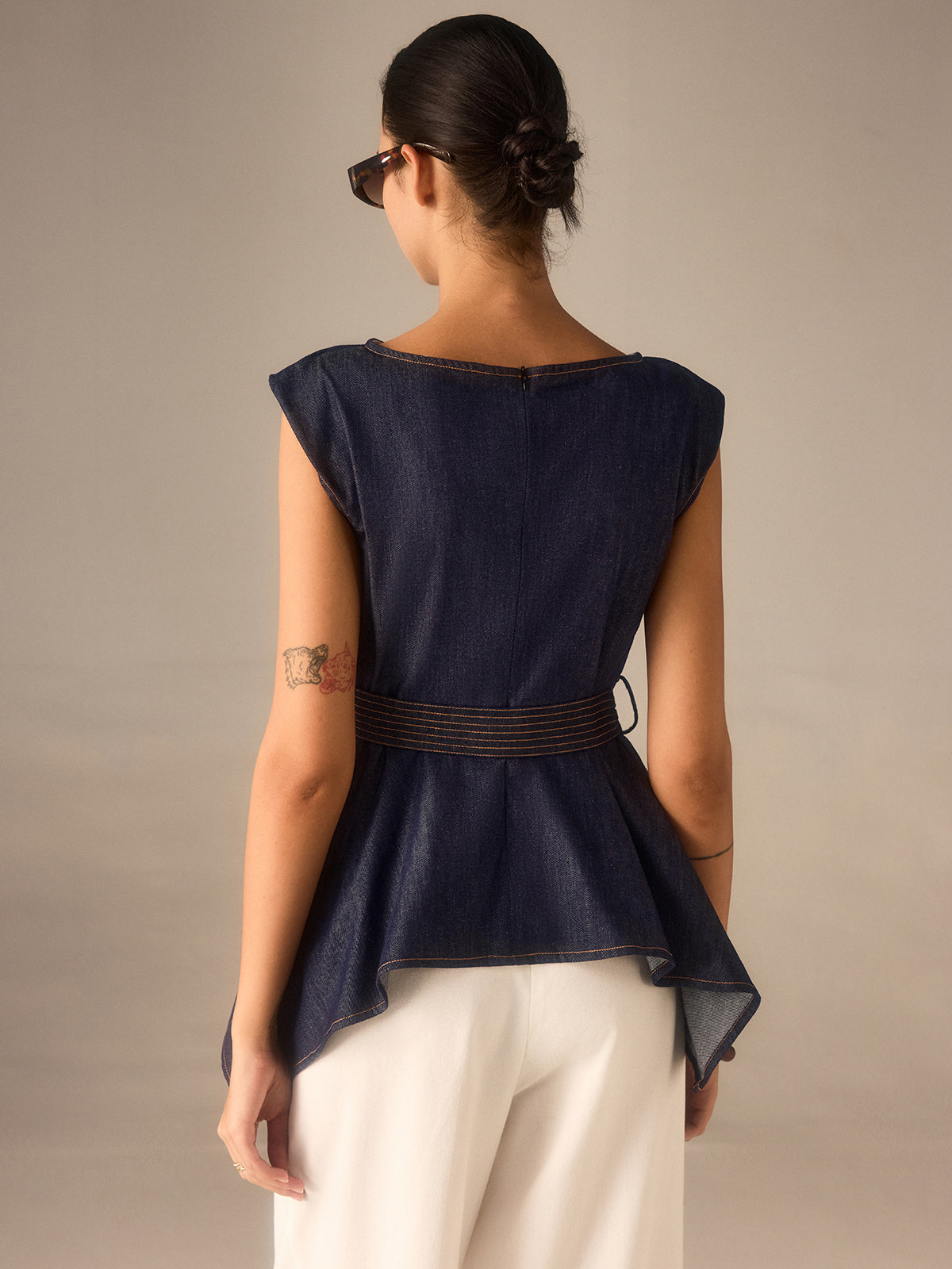 Denim Peplum Belted Top with Asymmetric Hem Denim Peplum Belted Top with Asymmetric Hem
