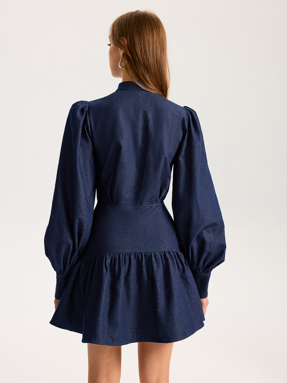 Denim Stand Collar Puff Sleeve Mini Dress Denim Stand Collar Puff Sleeve Mini Dress