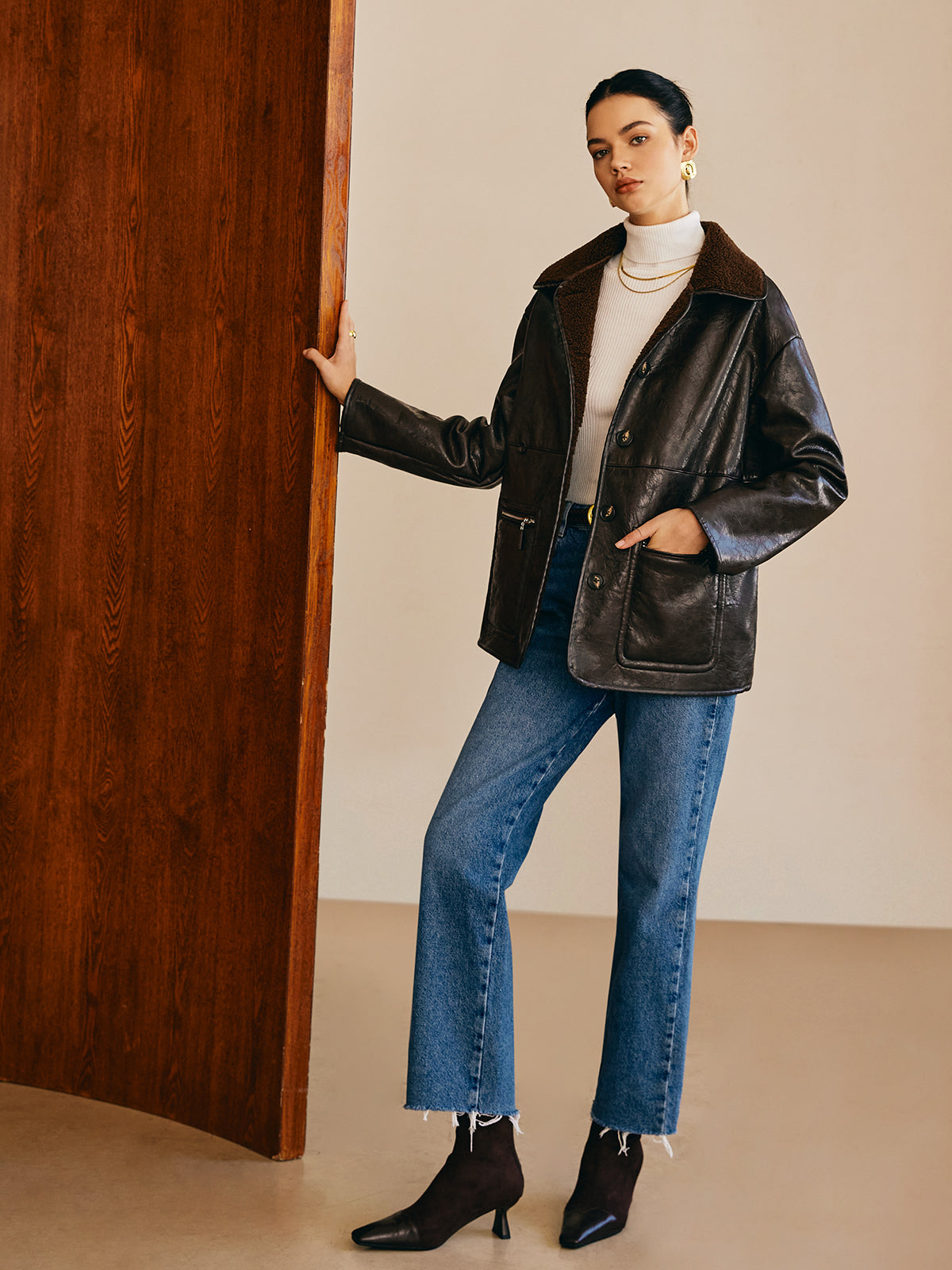 Double-Sided Faux Leather Fleece Jacket Double-Sided Faux Leather Fleece Jacket