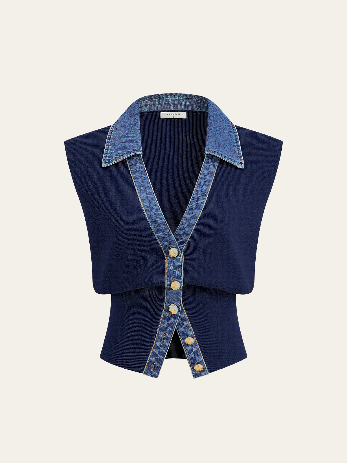 Denim Trim Metal Button Knit Vest Denim Trim Metal Button Knit Vest