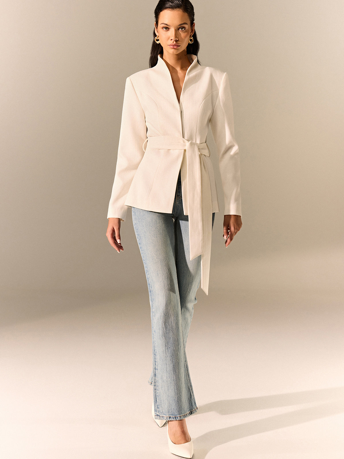 Stand Collar Belted Long Sleeve Blazer Stand Collar Belted Long Sleeve Blazer