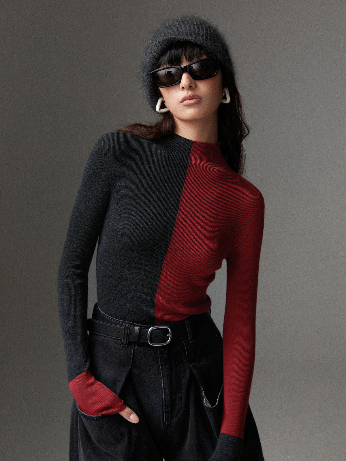 Wool-Blend Two Tone Skinny Knit Top Wool-Blend Two Tone Skinny Knit Top