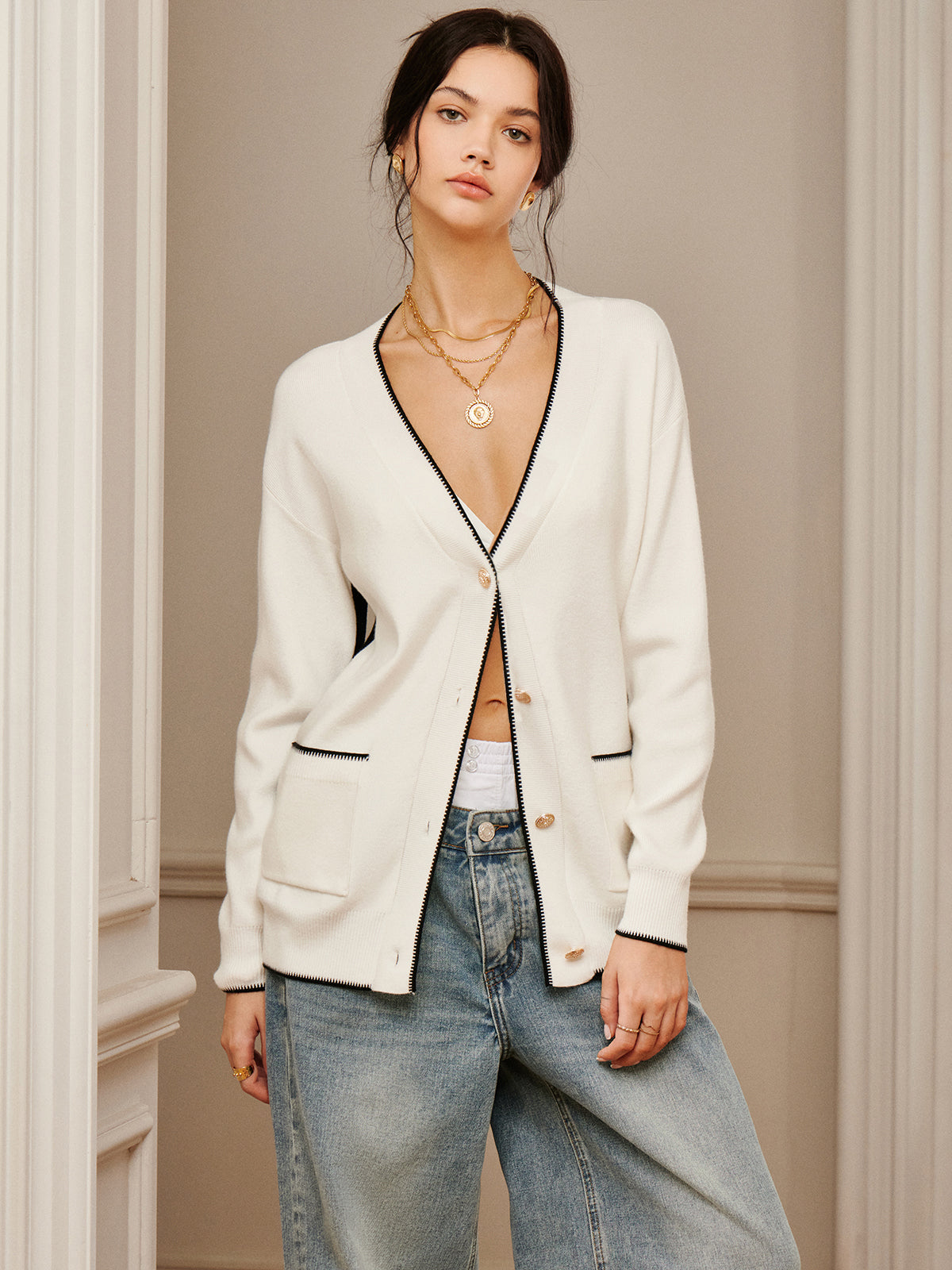 Casual Contrast Trim Knit Outerwear Casual Contrast Trim Knit Outerwear