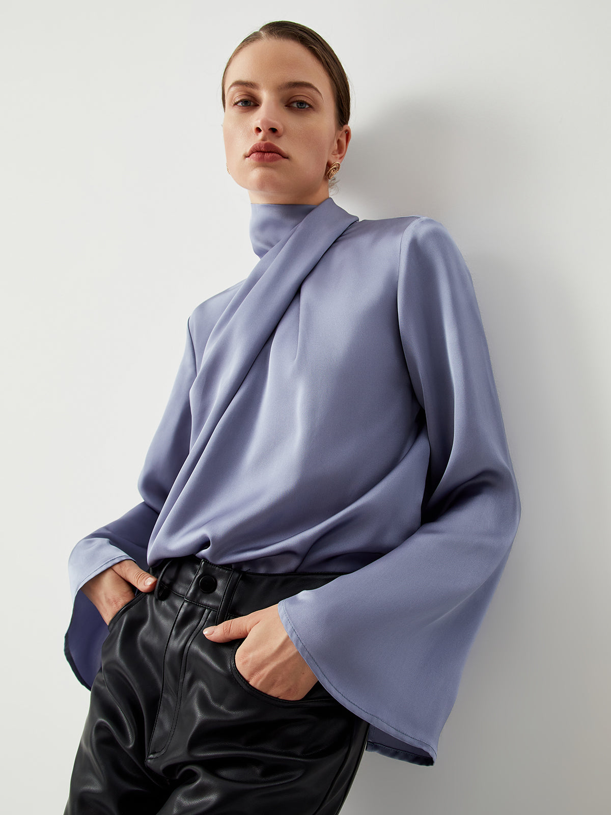 Asymmetric Pleated Turtleneck Satin Blouse Asymmetric Pleated Turtleneck Satin Blouse