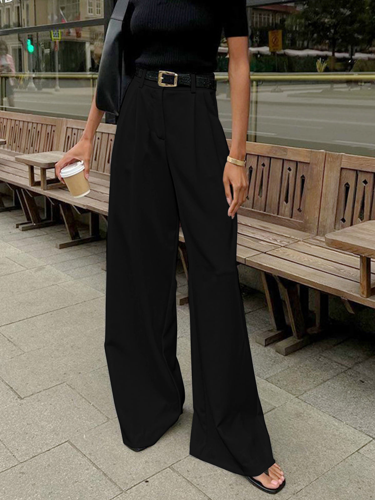 Solid Wide Leg Pants Without Belt Solid Wide Leg Pants Without Belt