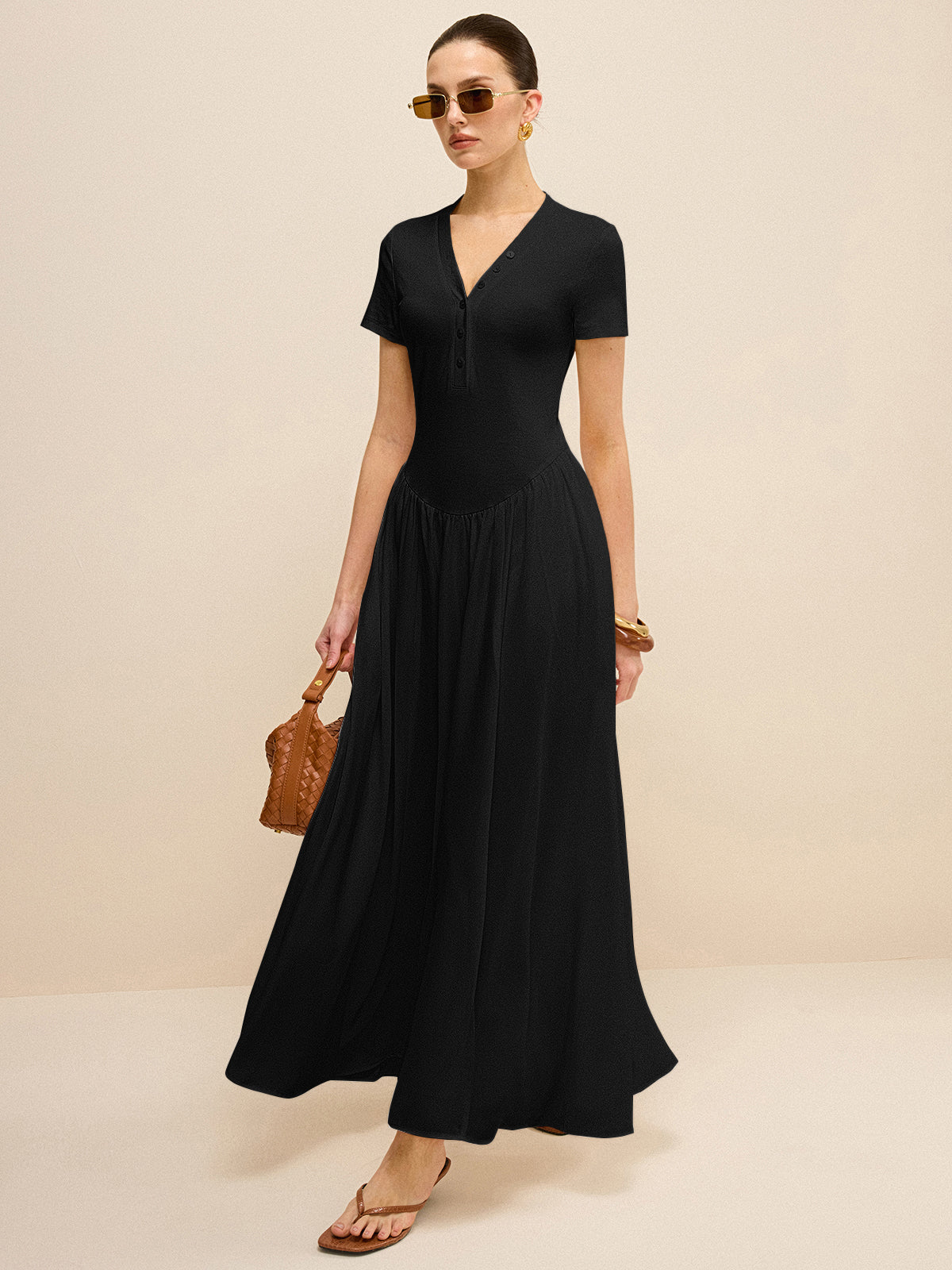 Button-Placket V-Neck Maxi Dress Button-Placket V-Neck Maxi Dress