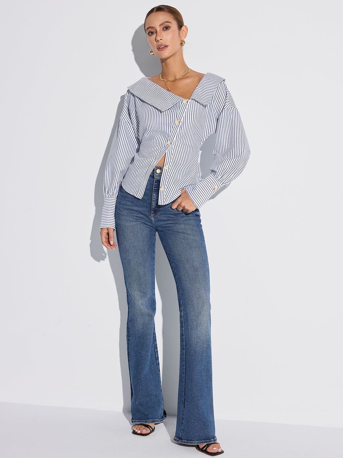 Striped Asymmetrical Placket Button Shirt Striped Asymmetrical Placket Button Shirt