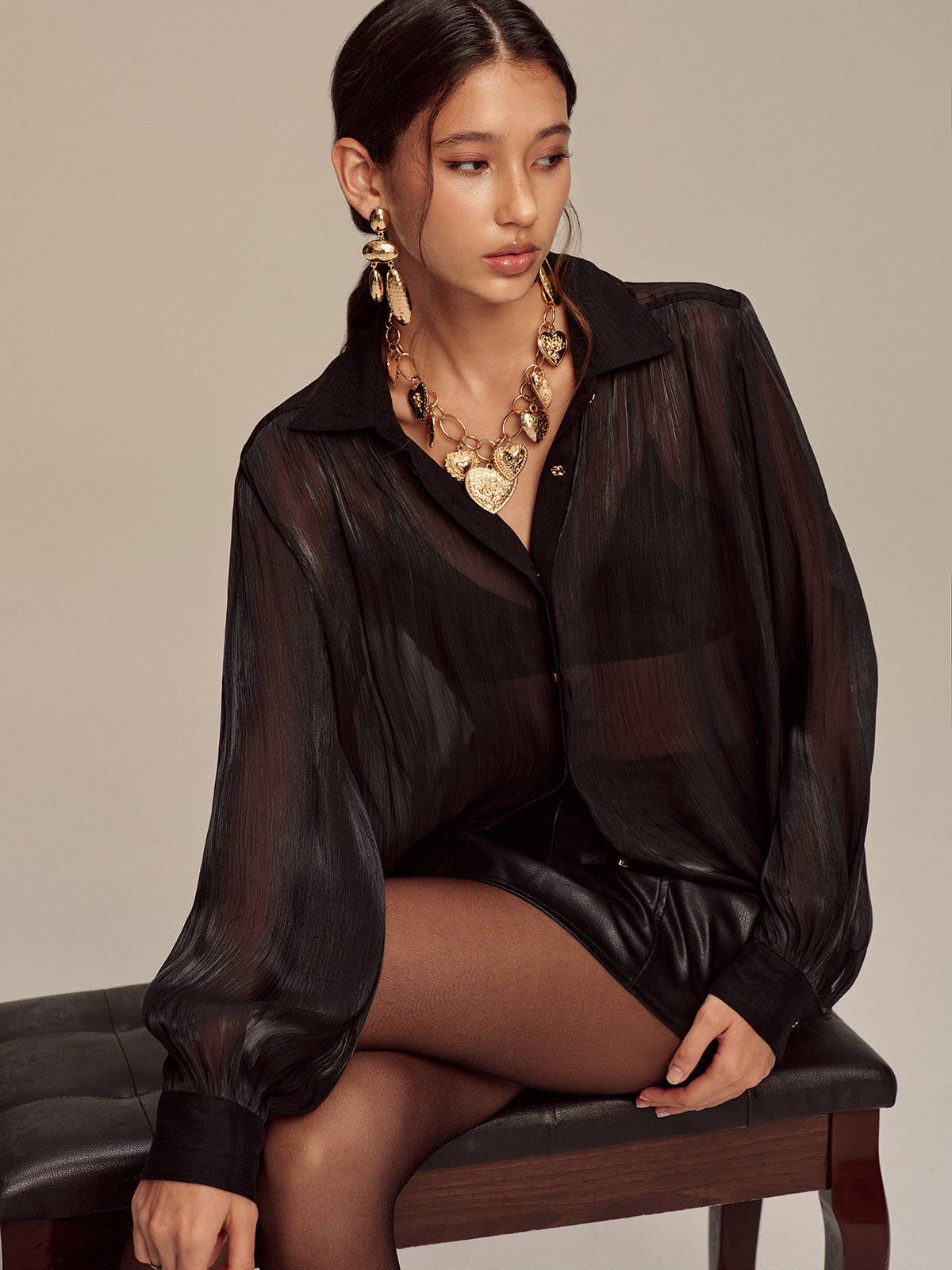 Sheer Chiffon Textured Metal Button Shirt Sheer Chiffon Textured Metal Button Shirt