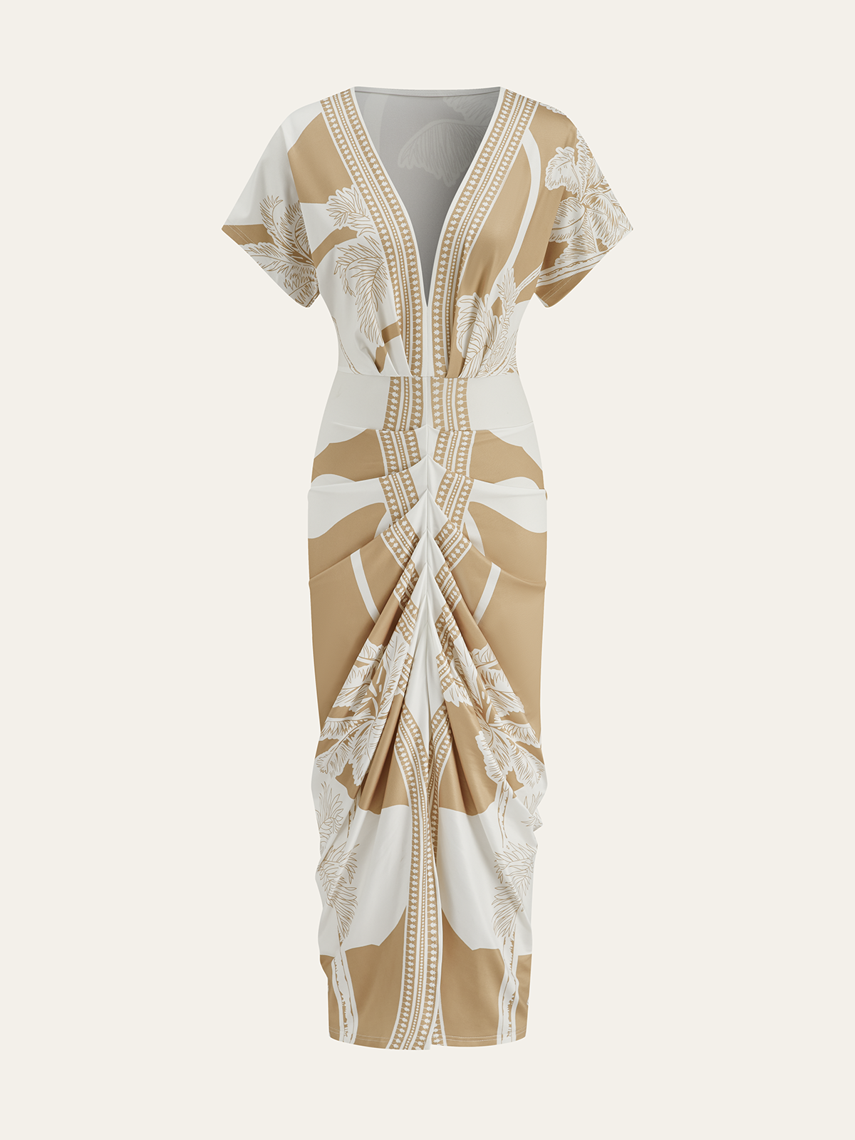 Printed Deep V-Neck Midi Dress Without Belt Printed Deep V-Neck Midi Dress Without Belt