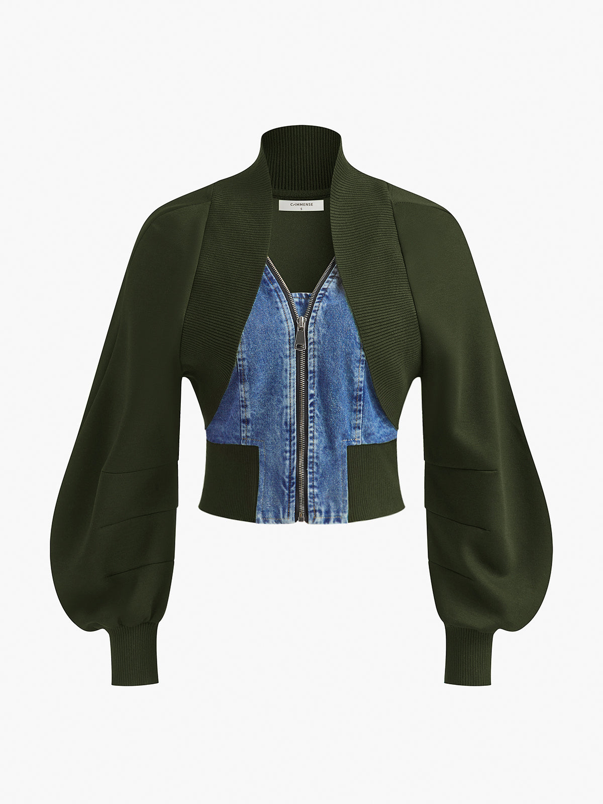 Puff-Sleeve Denim Panel Slim Jacket Puff-Sleeve Denim Panel Slim Jacket