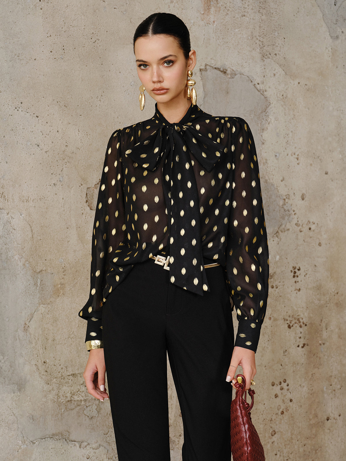 Polka Dot Bow Neckline Semi-Sheer Blouse Polka Dot Bow Neckline Semi-Sheer Blouse