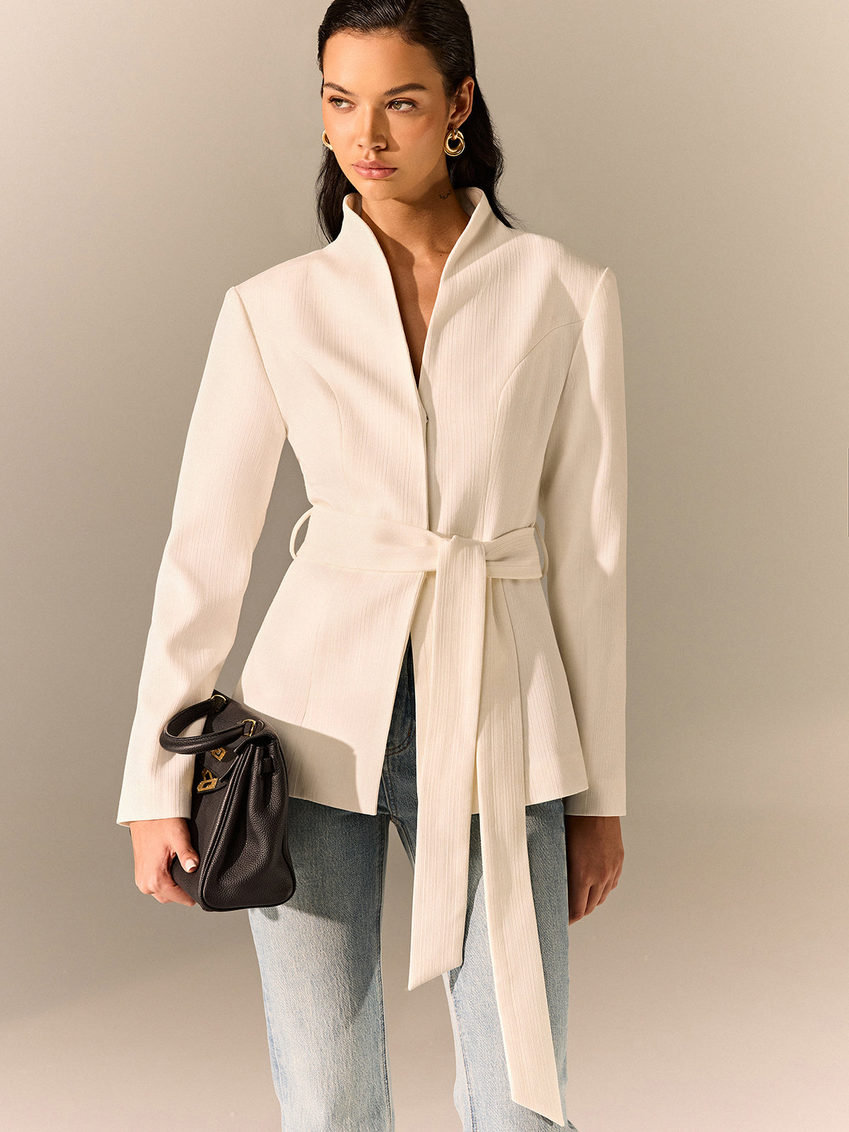 Stand Collar Belted Long Sleeve Blazer Stand Collar Belted Long Sleeve Blazer