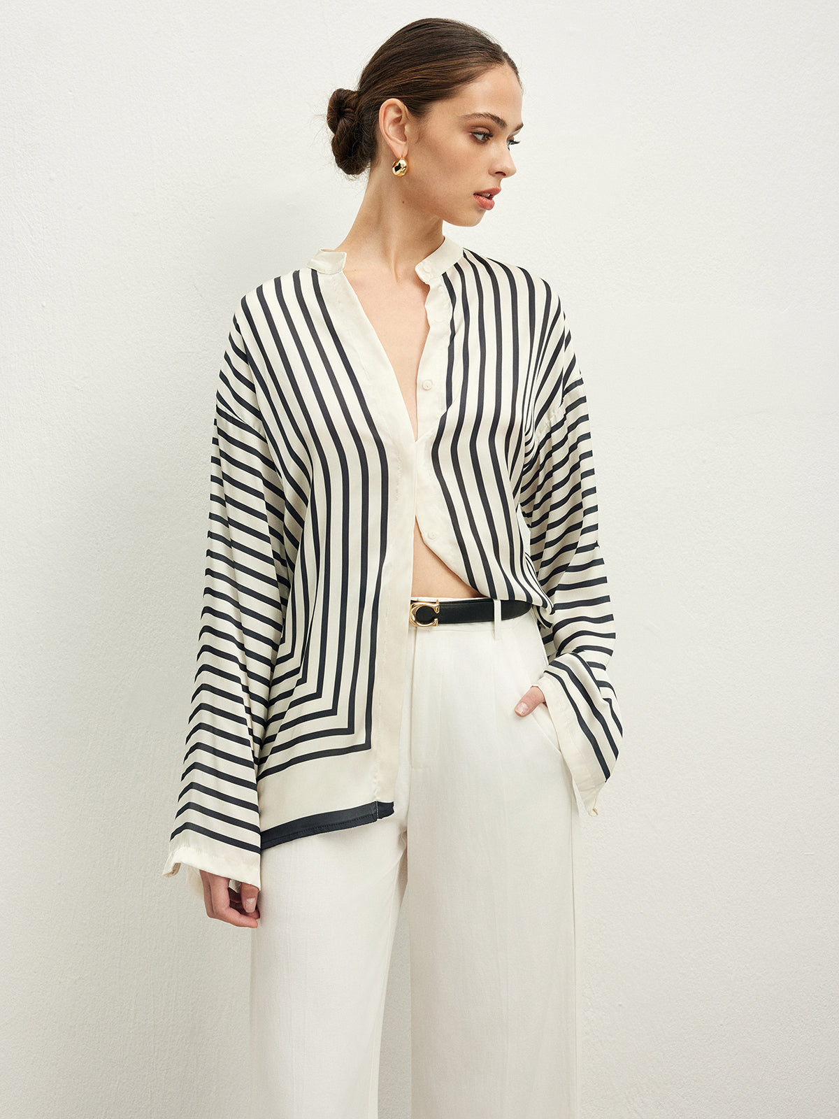 Satin Striped Button Cozy Blouse Satin Striped Button Cozy Blouse