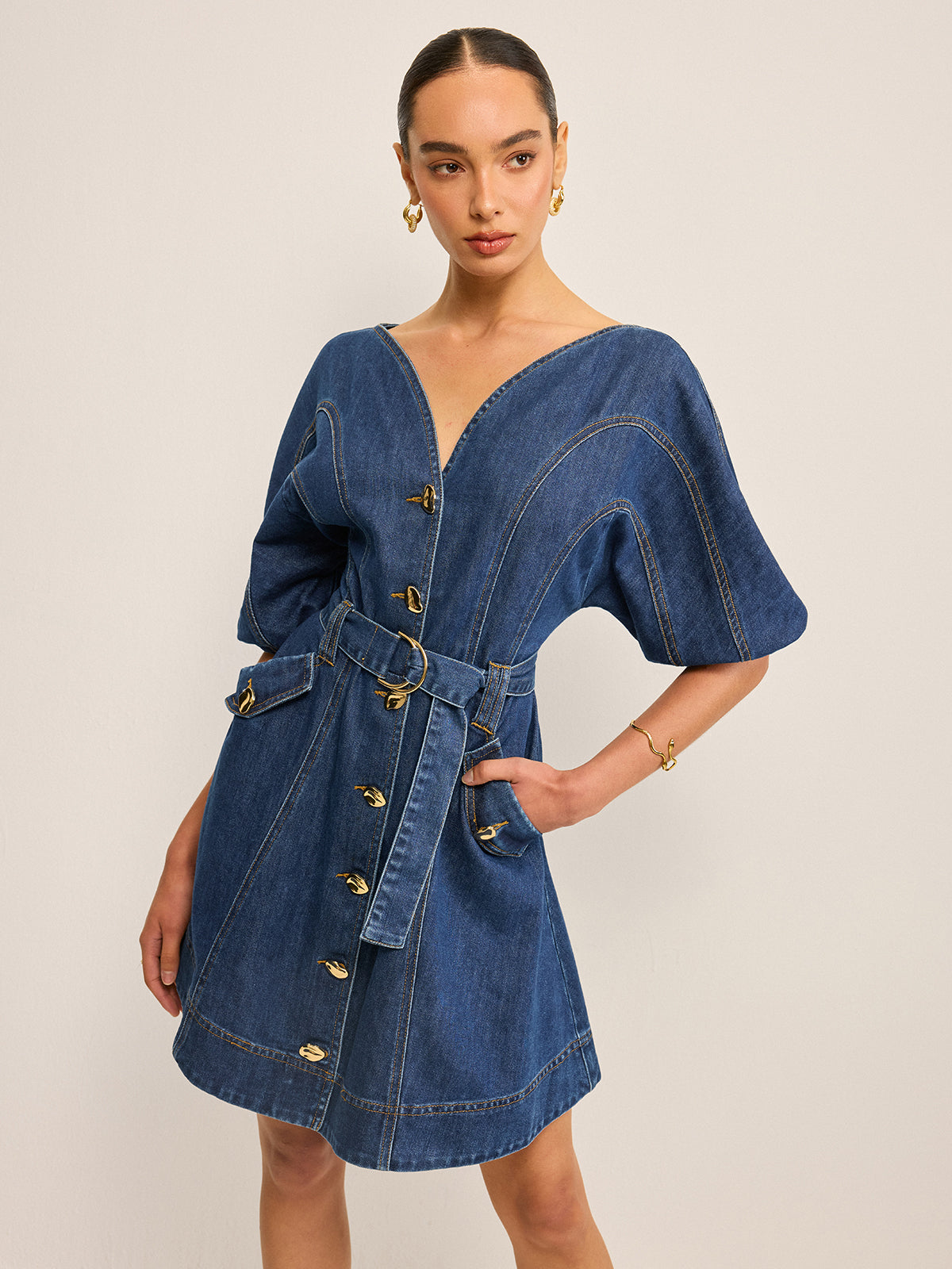 Pocketed Belted Denim Dress Pocketed Belted Denim Dress