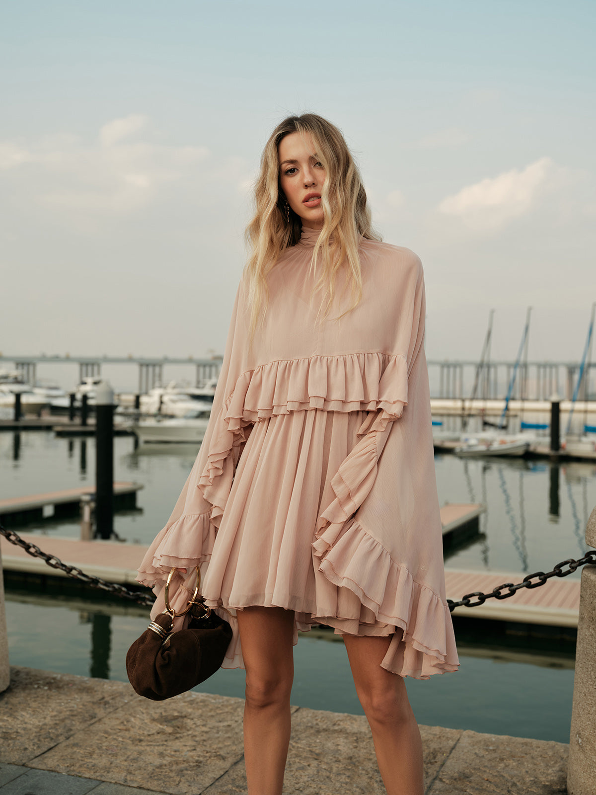 Semi-Sheer Chiffon Ruffle Dress With Outer Cape Semi-Sheer Chiffon Ruffle Dress With Outer Cape