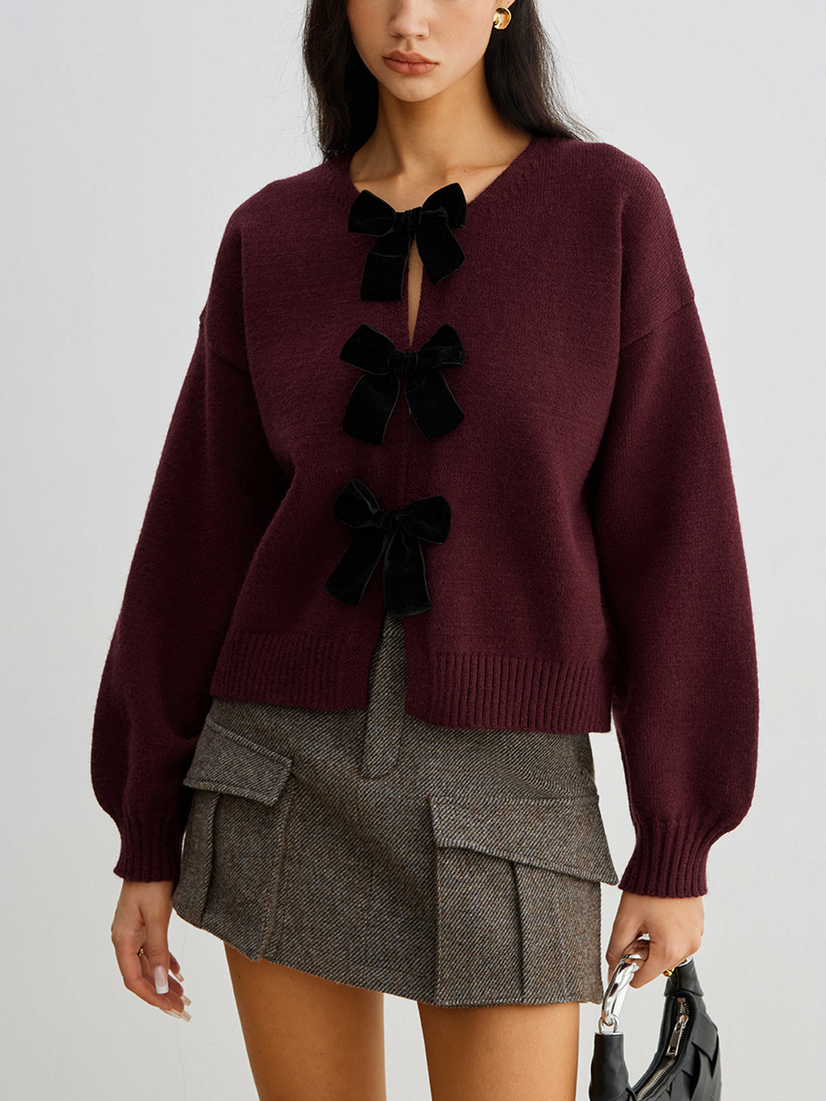 Velvet-Bow Lantern Sleeve Sweater Velvet-Bow Lantern Sleeve Sweater