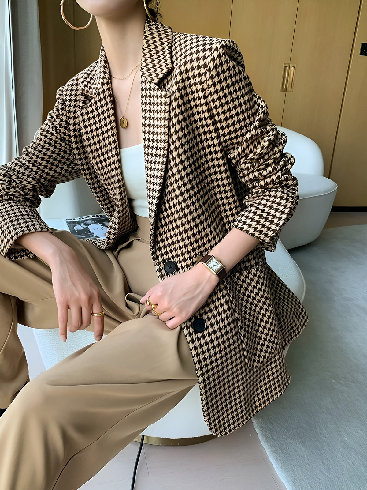 Houndstooth Split Blazer With Belt Houndstooth Split Blazer With Belt