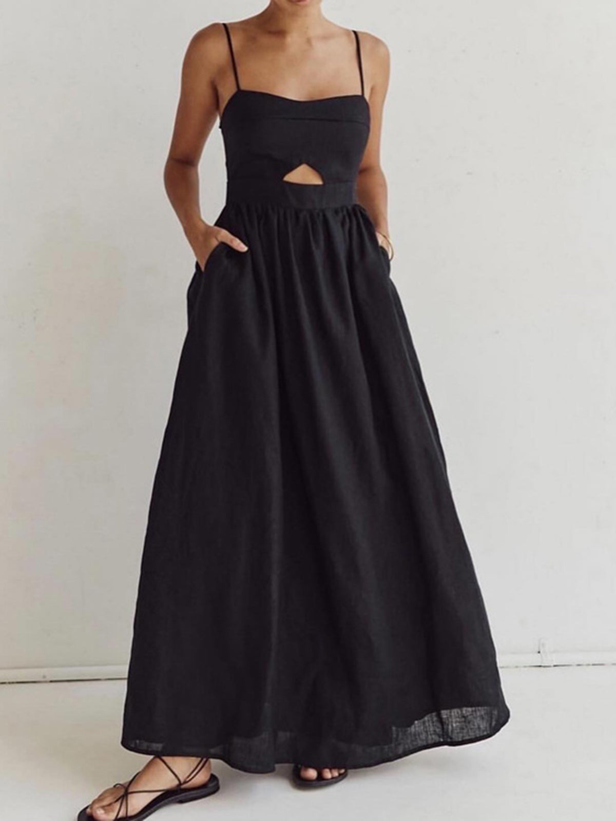 Cotton Sleeveless Pockets Cutout Long Dress Cotton Sleeveless Pockets Cutout Long Dress