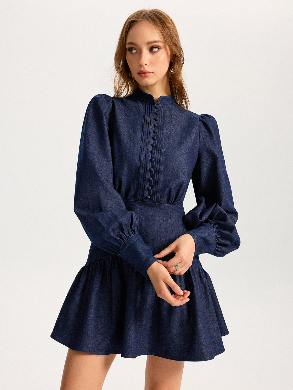 Denim Stand Collar Puff Sleeve Mini Dress Denim Stand Collar Puff Sleeve Mini Dress