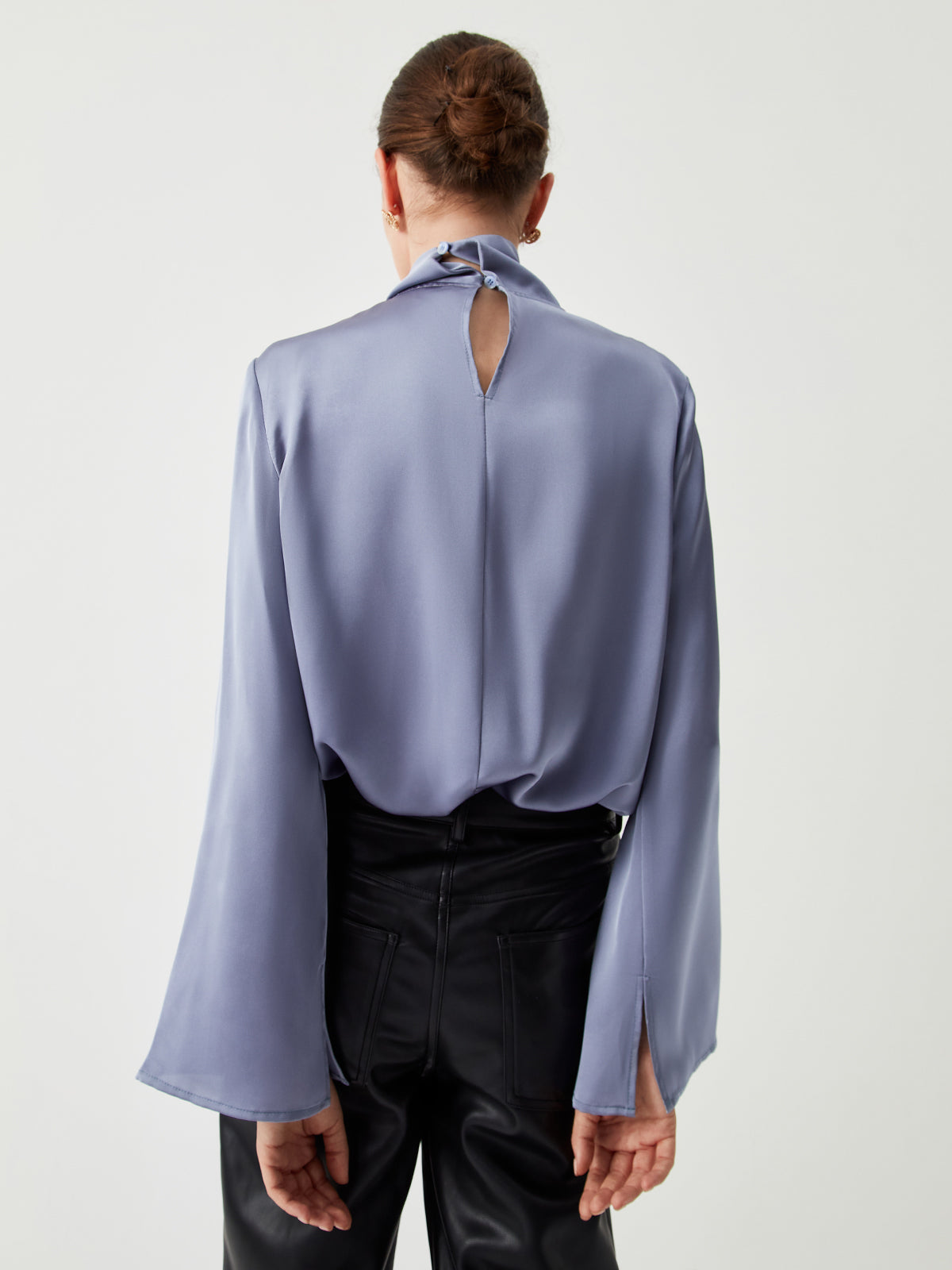 Asymmetric Pleated Turtleneck Satin Blouse Asymmetric Pleated Turtleneck Satin Blouse