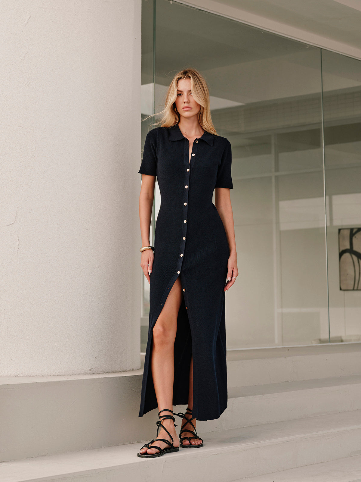 Metal Button Collar Midi Dress Metal Button Collar Midi Dress