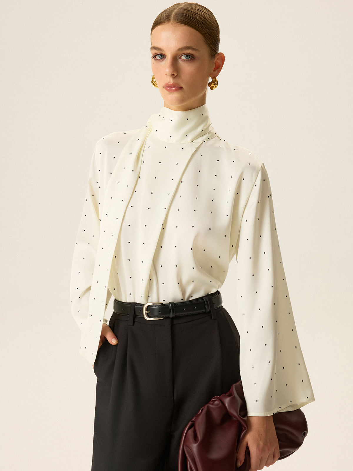 Polka Dot Satin High-Neck Blouse Polka Dot Satin High-Neck Blouse