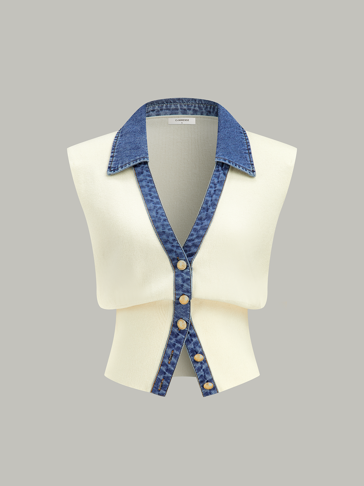 Denim Trim Metal Button Knit Vest Denim Trim Metal Button Knit Vest