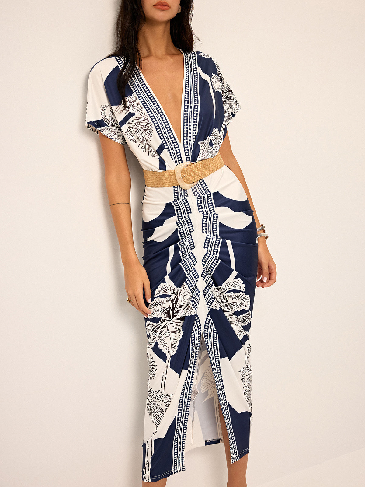 Printed Deep V-Neck Midi Dress Without Belt Printed Deep V-Neck Midi Dress Without Belt