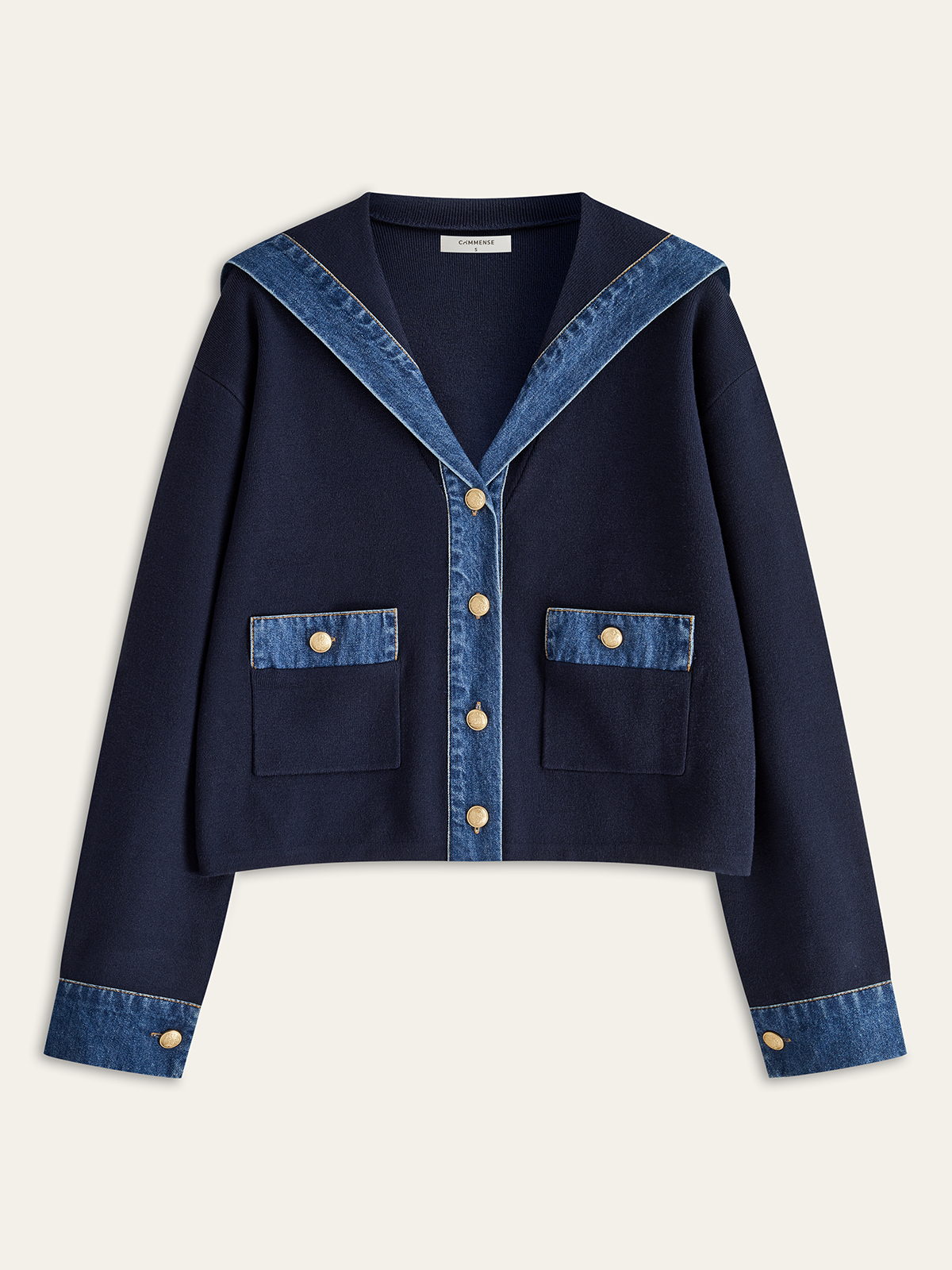 Sailor Collar Denim Trim Knit Outerwear Sailor Collar Denim Trim Knit Outerwear