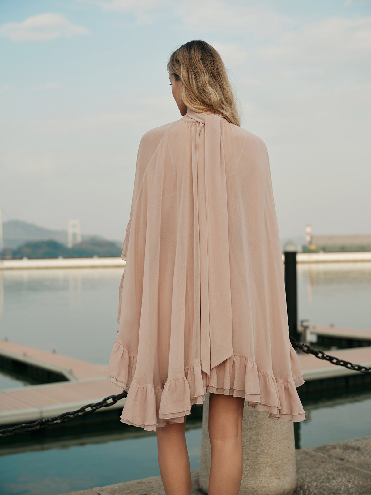 Semi-Sheer Chiffon Ruffle Dress With Outer Cape Semi-Sheer Chiffon Ruffle Dress With Outer Cape