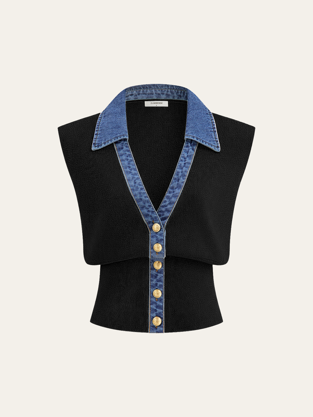 Denim Trim Metal Button Knit Vest Denim Trim Metal Button Knit Vest