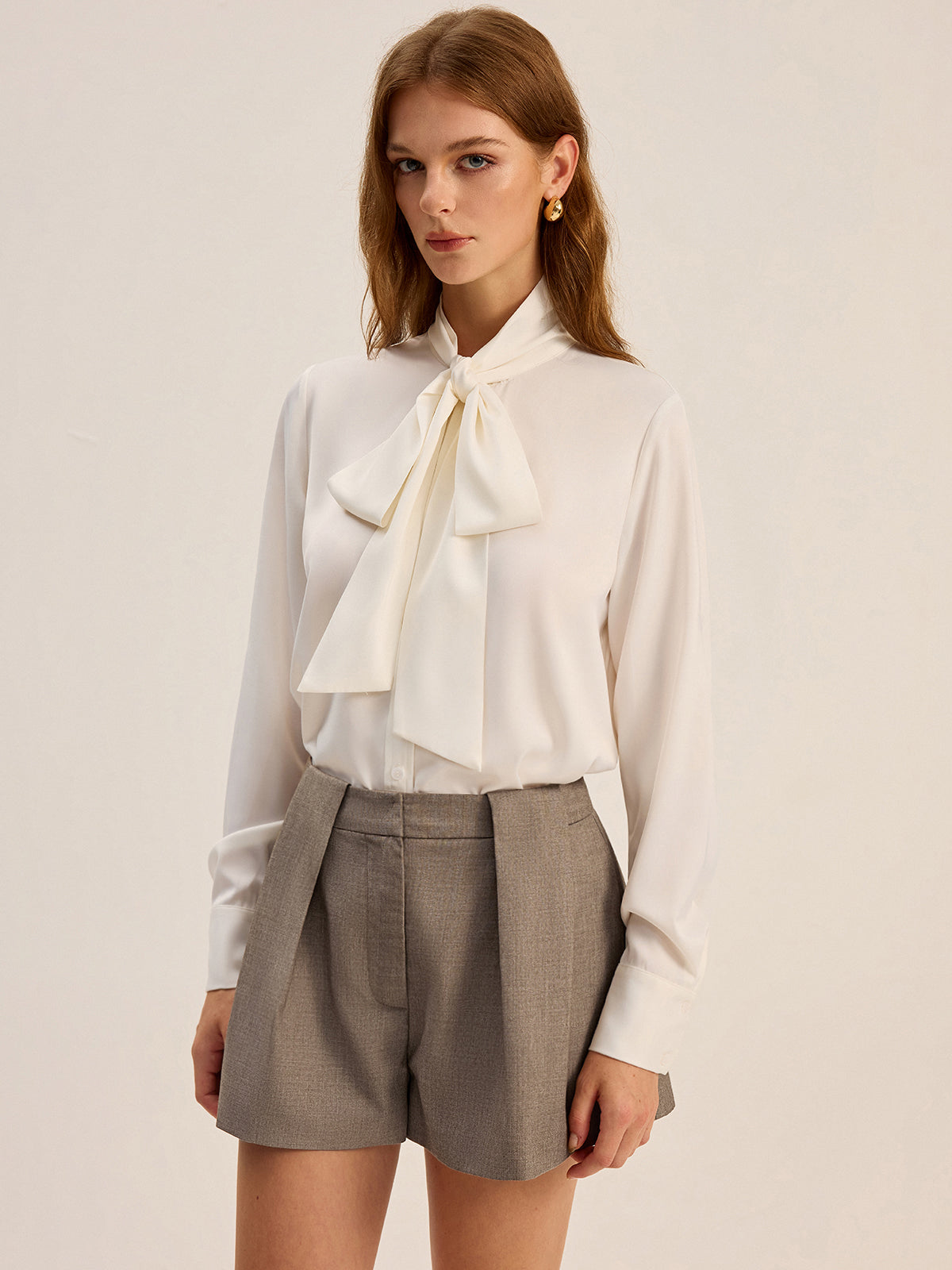 Satin Bow-Tie Neck Long-Sleeve Shirt Satin Bow-Tie Neck Long-Sleeve Shirt