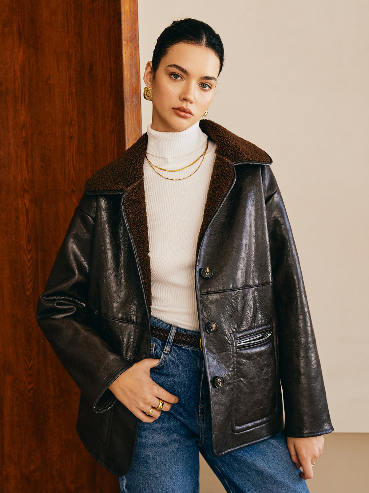 Double-Sided Faux Leather Fleece Jacket Double-Sided Faux Leather Fleece Jacket
