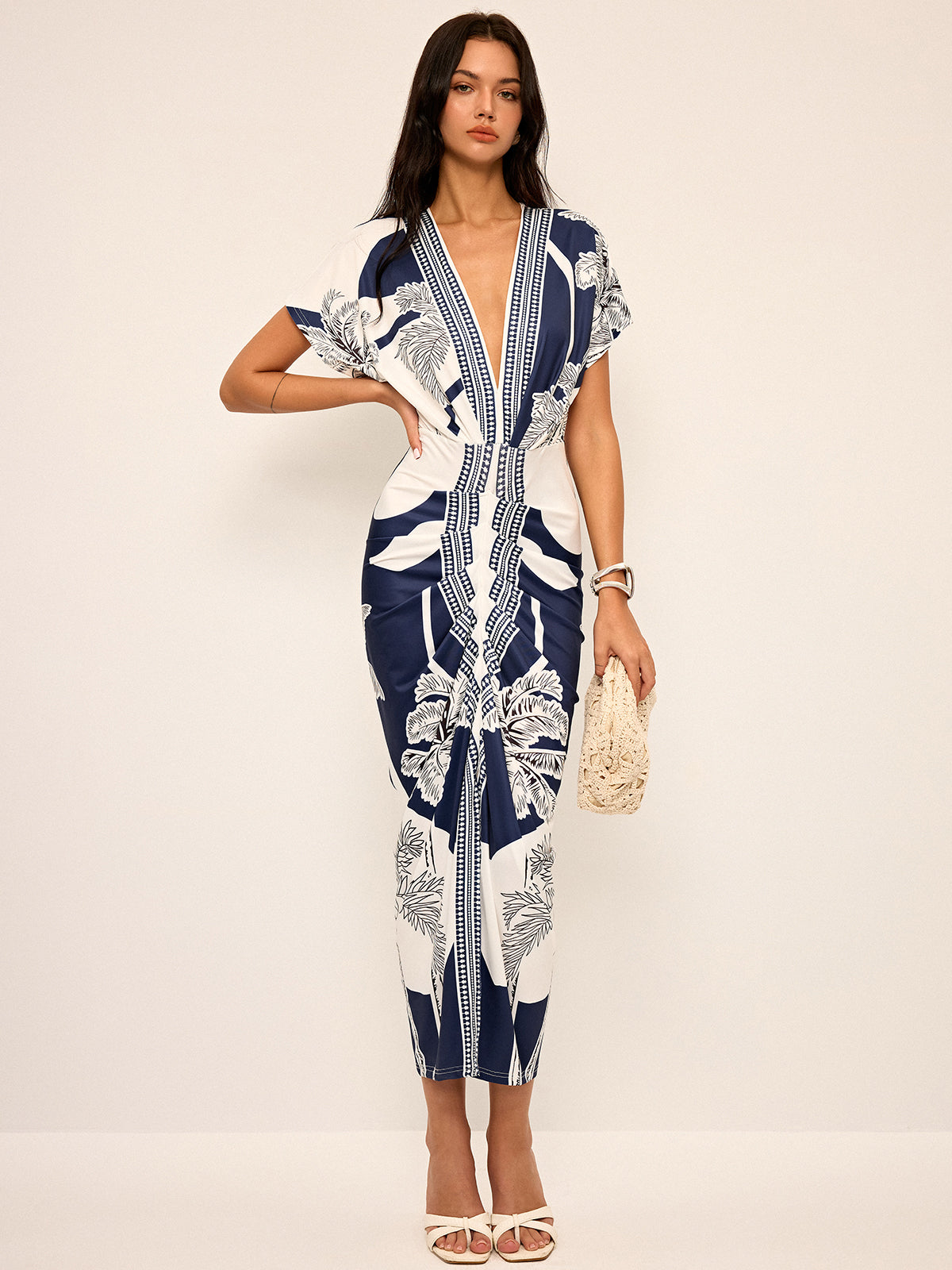 Printed Deep V-Neck Midi Dress Without Belt Printed Deep V-Neck Midi Dress Without Belt