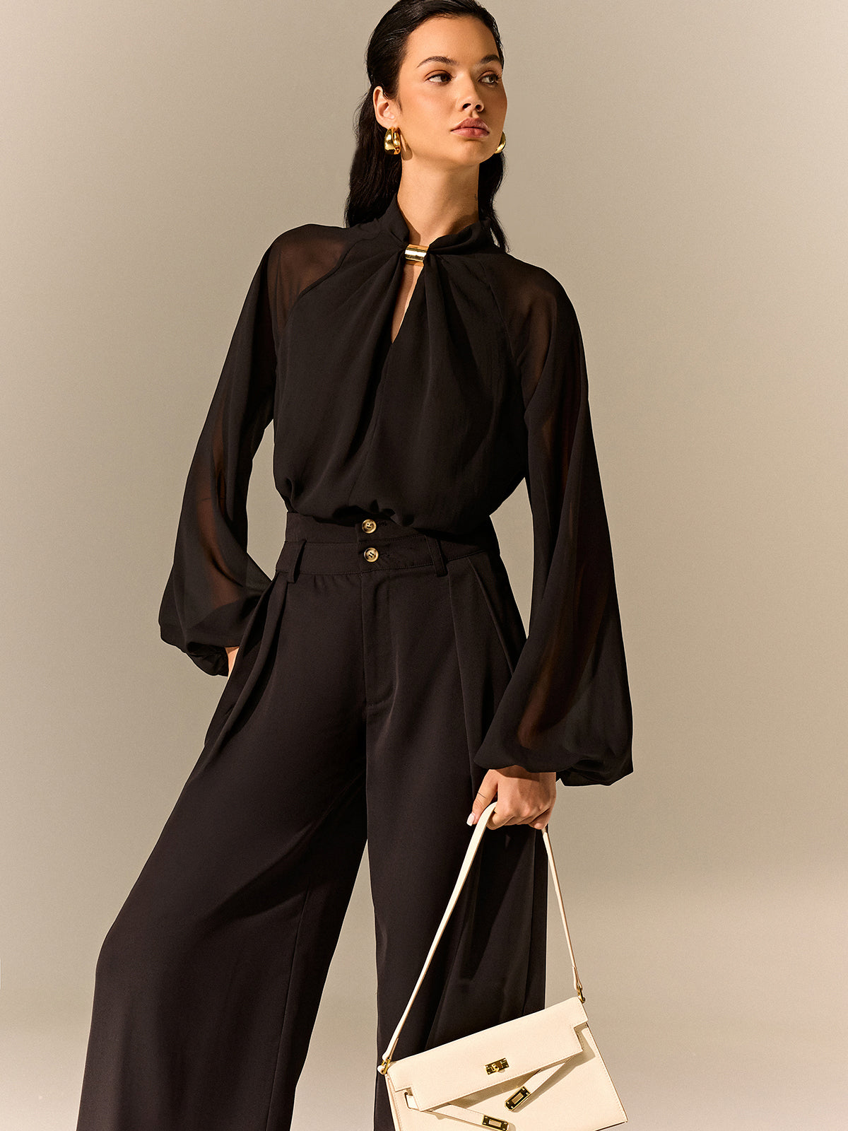Semi-Sheer Chiffon Blouse with Neckline Metal Detail Semi-Sheer Chiffon Blouse with Neckline Metal Detail