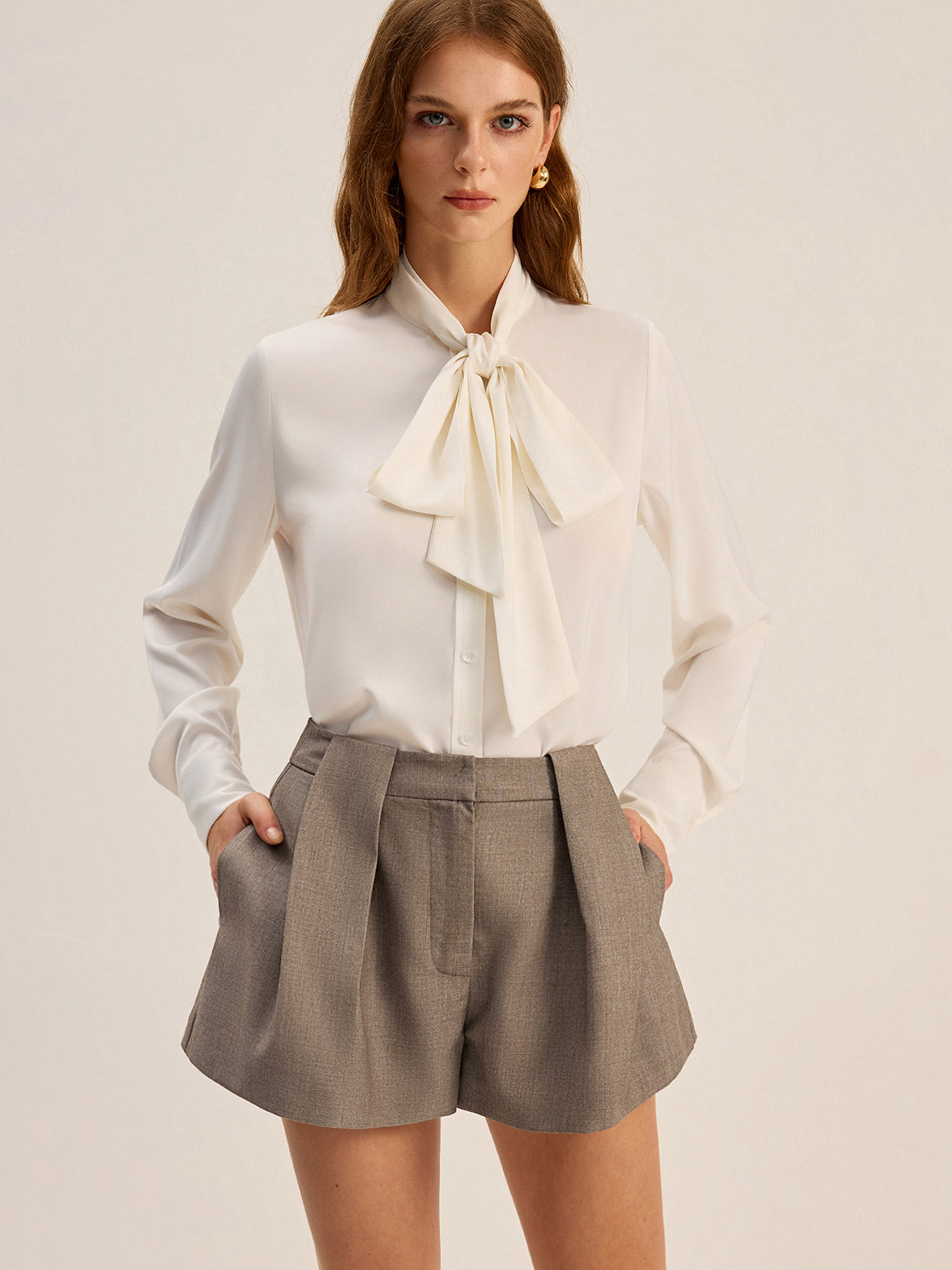 Satin Bow-Tie Neck Long-Sleeve Shirt Satin Bow-Tie Neck Long-Sleeve Shirt