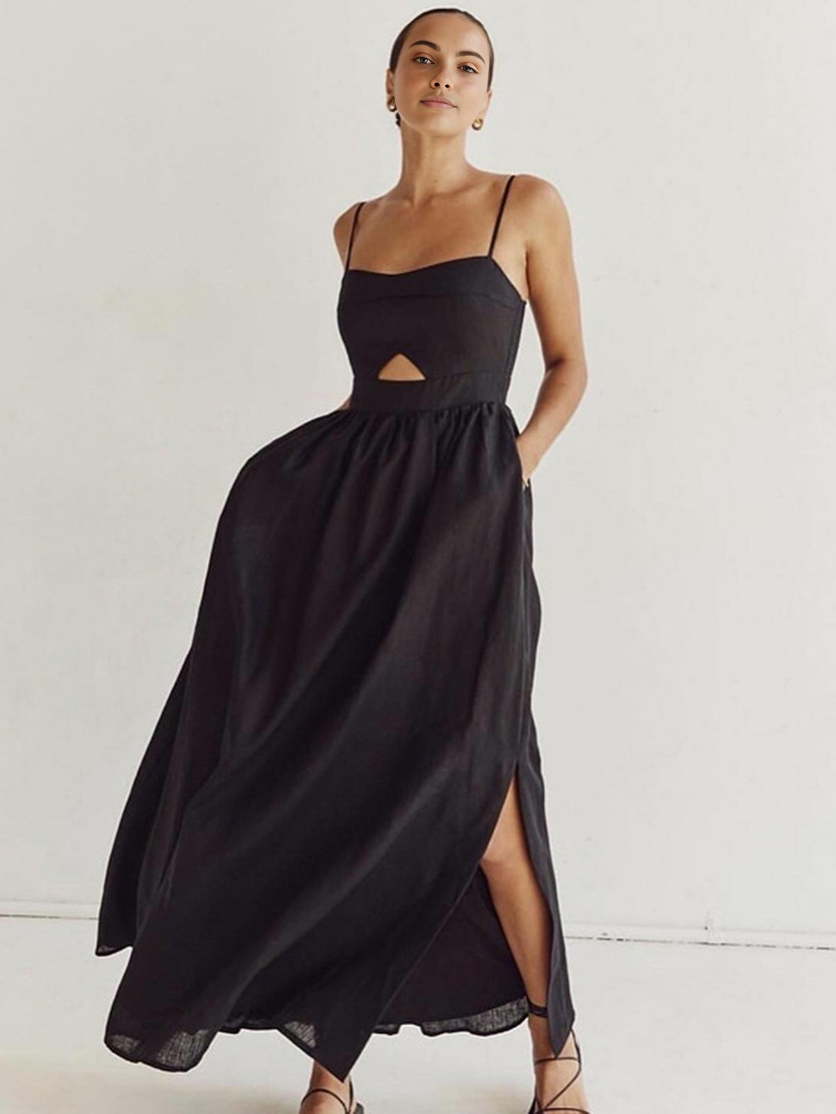Cotton Sleeveless Pockets Cutout Long Dress Cotton Sleeveless Pockets Cutout Long Dress