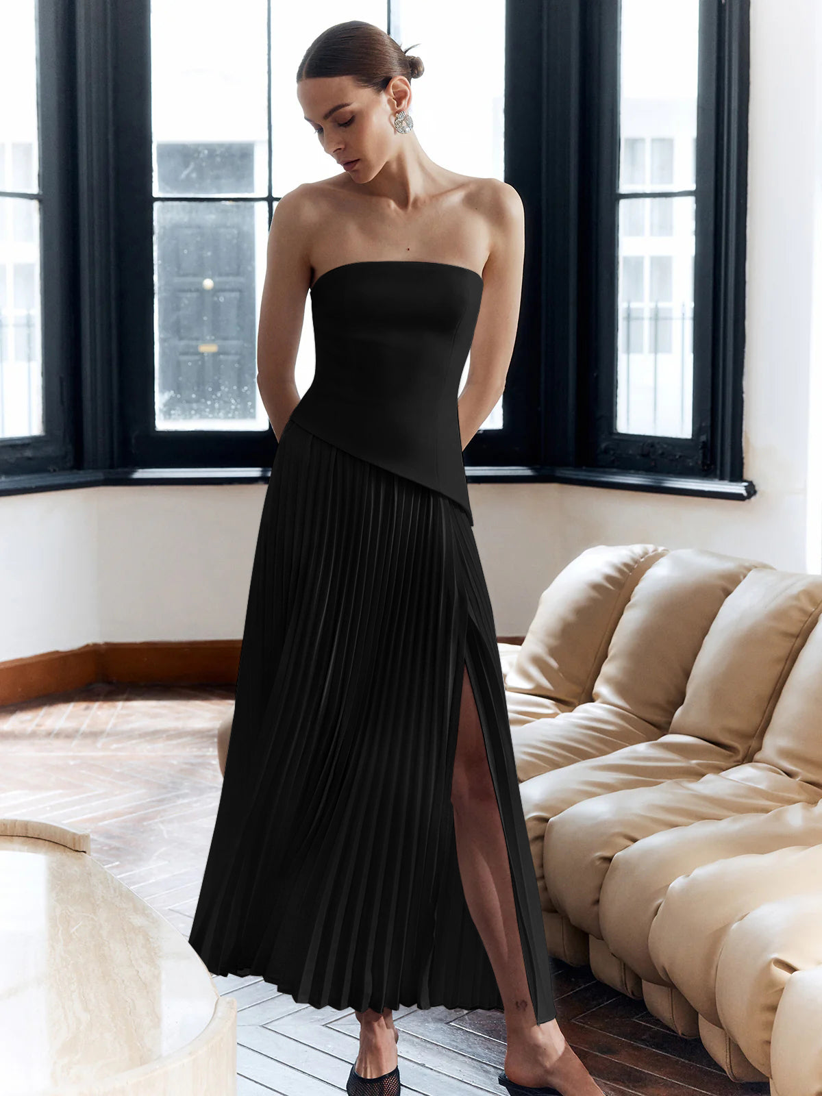 Solid Pleated Strapless Split Dress Solid Pleated Strapless Split Dress